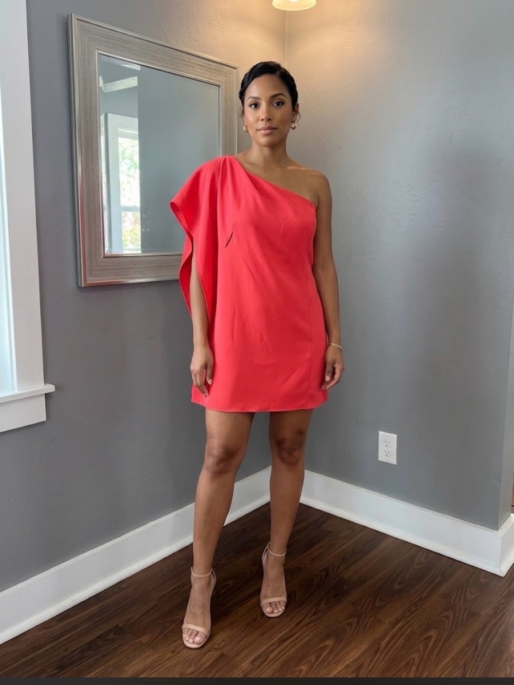 Halston Heritage Asymmetric Off-Shoulder Cocktail Dress Pink Barbie 0